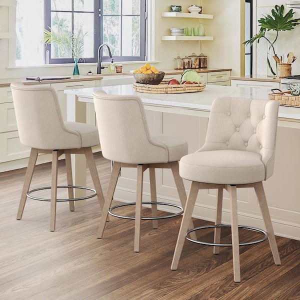 Rowland 26.5 in Seat Height Line Upholstered Fabric Counter Height Solid Wood Leg Swivel Bar stool（Set of 3）
