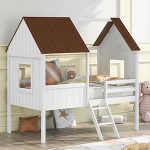 White Twin Size Wood Low House Loft Bed with Brown Roof, 2-Side Windows, Mini Ladder