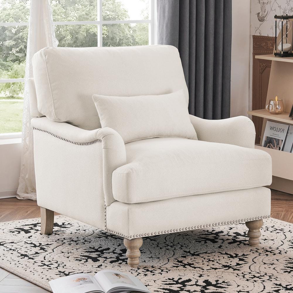 LUE BONA 39 in. W Ivory Fabric Upholstered Club Chair with Nailhead ...