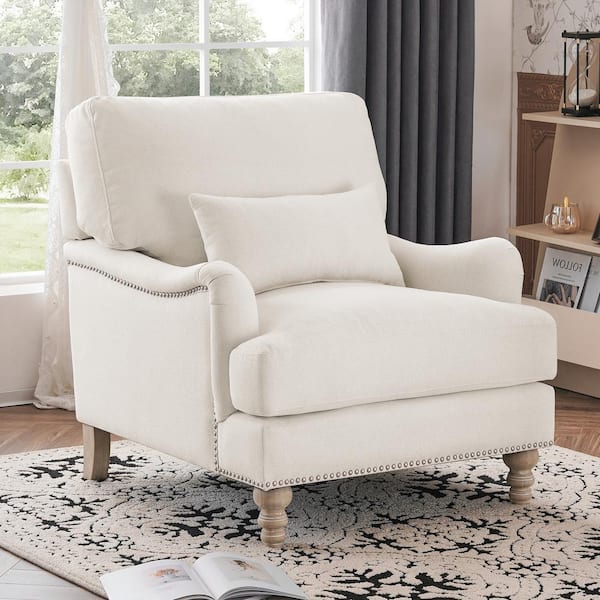 LUE BONA 39 in. W Ivory Fabric Upholstered Club Chair with Nailhead Trim Wooden Leg Accent Chair