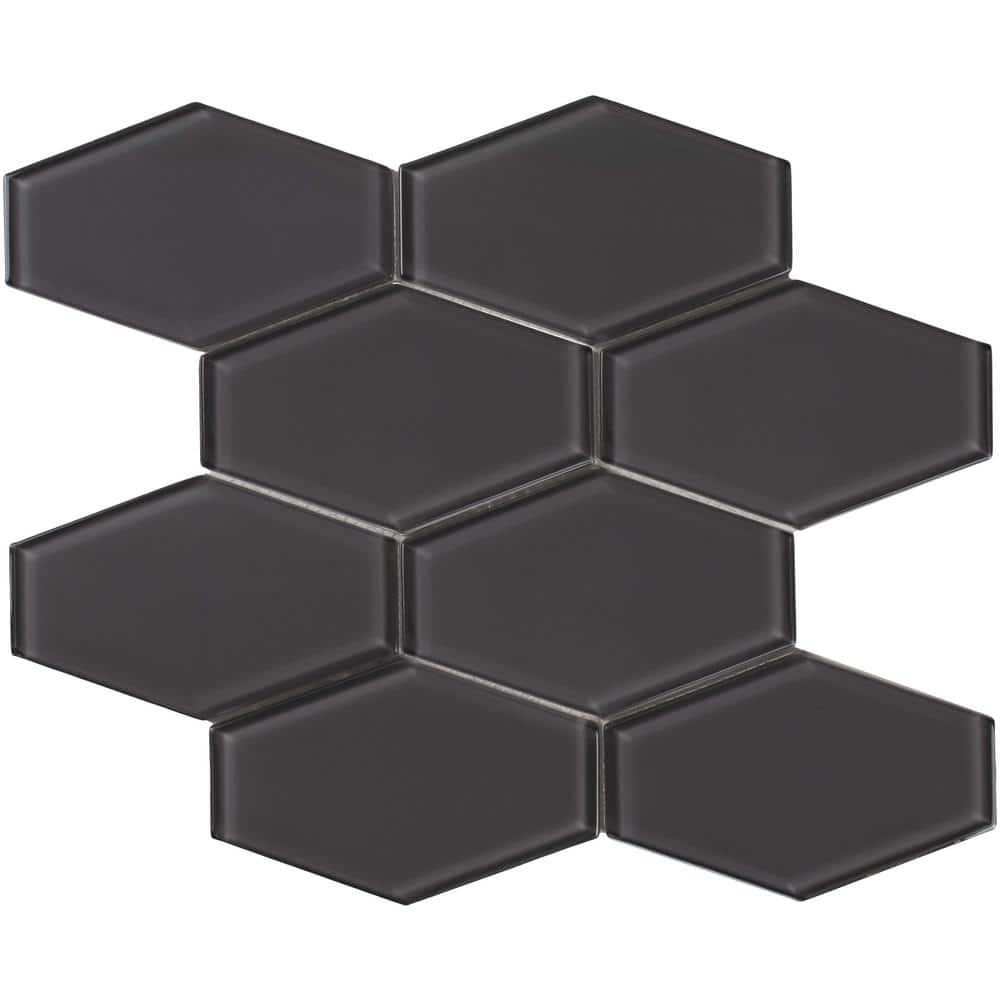 Carbon Gloss Elongated Hexagon Glass Mosaic Tile 11x11