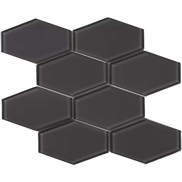 Long Hex 11 in. x 10.6 in. Carbon Gloss Glass Mesh-Mounted Mosaic Tile (9.02 sq. ft./Case)