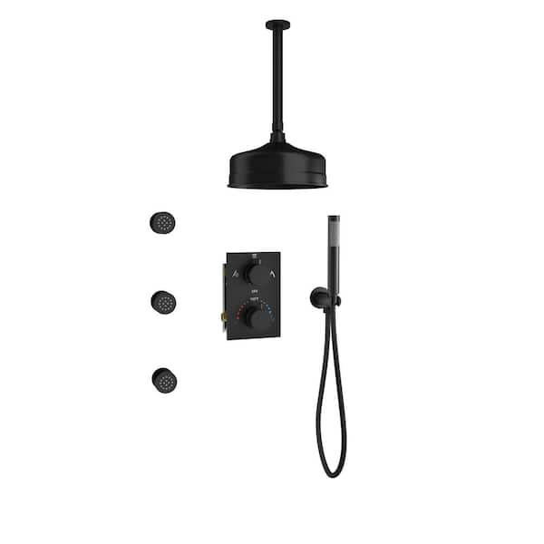 CASAINC Thermostatic 3-Spray Rain Ceiling Mount Dual Fixed and Handheld Shower Head with 3-Body Jets, Anti-Scald in Matte Black