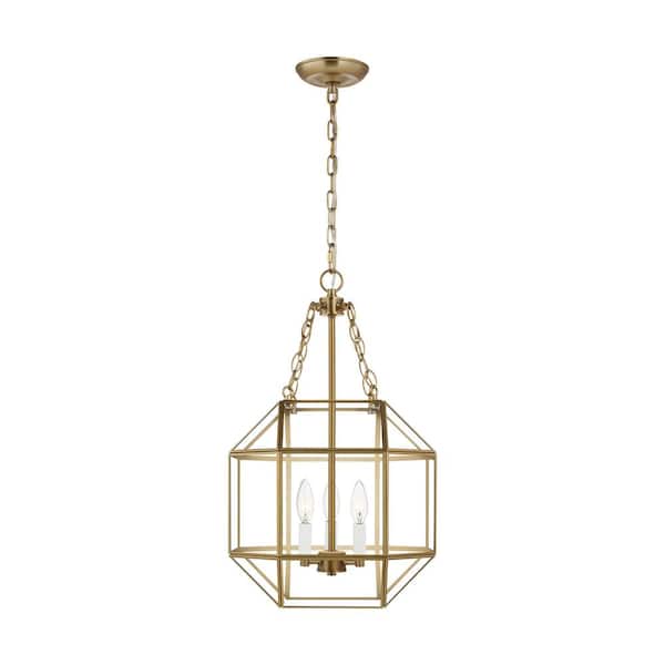 Generation Lighting Morrison 60-Watt Small 3-Light Satin Brass Shaded Pendant Light with Clear Glass Shade