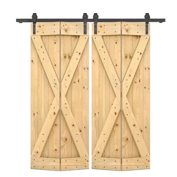 72 in. x 84 in. X Pre Assembled Unfinished Wood Double Solid Core Bi-fold Barn Doors with Sliding Hardware Kit