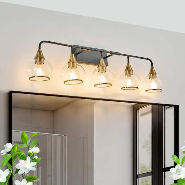 40 in. W 5 Light Black and Gold Vanity Light with Lamp Holders and Shade for Mirror, Bathroom, NO Bulbs Included