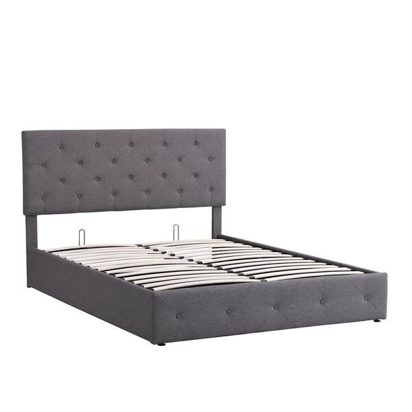 ANBAZAR 64 in. W Queen Size Gray Linen Upholstered Platform