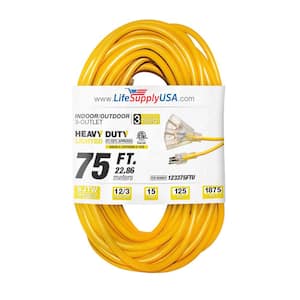75 ft. 12-Gauge/3 Conductors, 3-Outlet 3-Prong, SJTW Indoor/Outdoor Extension Cord with Lighted End Yellow (1-Pack)