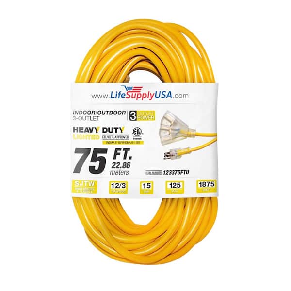 LifeSupplyUSA 75 ft. 12-Gauge/3 Conductors, 3-Outlet 3-Prong, SJTW Indoor/Outdoor Extension Cord with Lighted End Yellow (1-Pack)