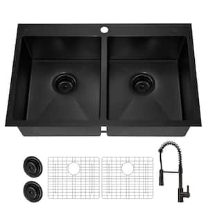 33 in. Drop-In Double Bowl 18 Gauge Black Stainless Steel Kitchen Sink with Black Spring Neck Faucet