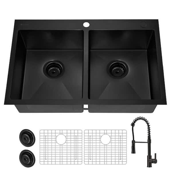 Glacier Bay 33 in. Drop-In Double Bowl 18 Gauge Black Stainless Steel Kitchen Sink with Black Spring Neck Faucet