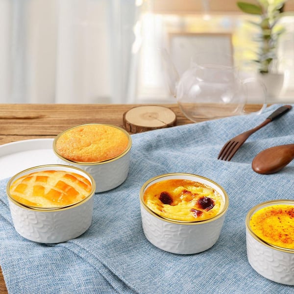6 Piece Embossed Flora White Ceramic Ramekin Round Baking Dish Set with Lids for Souffle Custard Dips