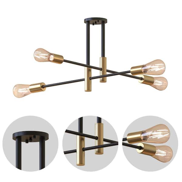 Briignite Unique Modern Sputnik 24.4 In. 4-Light Black Semi- Flush Mount with Aged Brass Socket Cups for Living Room