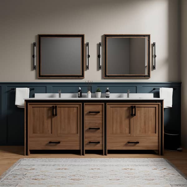 Ziva 84 in W x 22 in D Rustic Barnwood Double Bath Vanity, White Quartz Top and 34 in Mirrors