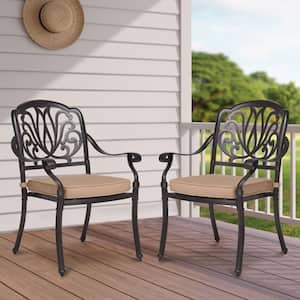 Classic Dark Brown Stackable Cast Aluminum Outdoor Dining Chair with Beige Cushion (2-Pack)