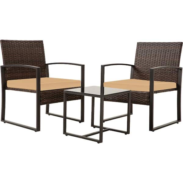 Zeus & Ruta Brown 3 Pieces Bistros Sets Outdoor Wicker PE Rattan Chairs Conversation Sets with Brown Cushions and Coffee Table