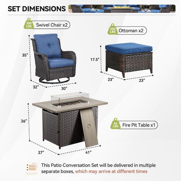 Arcline 5-Piece Brown Wicker Fire Pit Conversation Set with Olefin Blue Cushions and Swivel Gliders and Ottoman