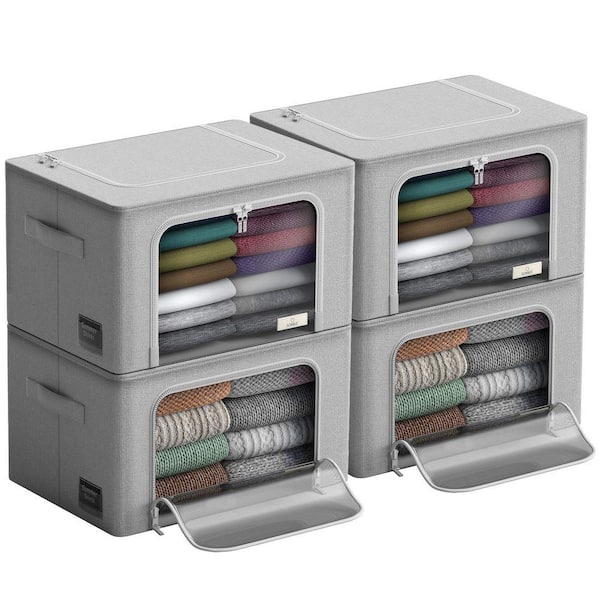 Gray 19.5 in. x 13 in. Fabric Decorative Box Set of 4, Stackable Storage Bins with Metal Frame, Window, & Handles