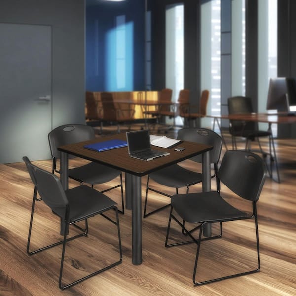Kee 42 in. Neo Walnut Square Breakroom Table Desk and 4 Zeng Stack Chairs-Black