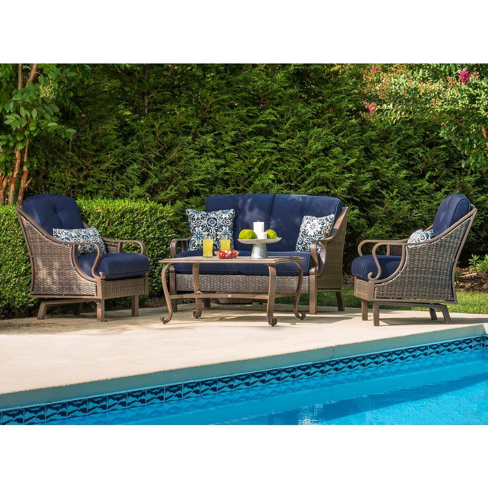 Hanover Ventura 4-Piece All-Weather Wicker Patio Seating Set with Navy ...