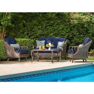Ventura 4-Piece All-Weather Wicker Patio Seating Set with Navy Blue Cushions, 4-Pillows, Coffee Table