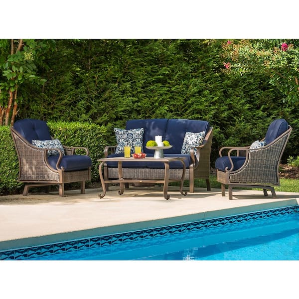 Hanover Ventura 4-Piece All-Weather Wicker Patio Seating Set with Navy Blue Cushions, 4-Pillows, Coffee Table