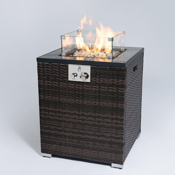 Tunearary Outdoor Steel Wicker Fire Pit Table, Propane Gas Fire Pit Column with Glass Windshield