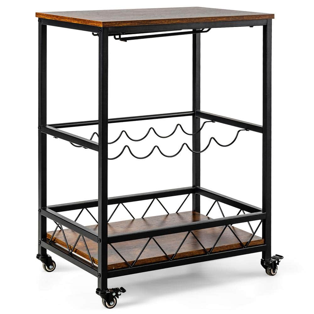 Rustic Brown and Black Rolling Bar Cart with Wine Rack