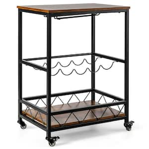 Black Kitchen Bar Cart Serving Trolley on Wheels w/Wine Rack Glass Holder