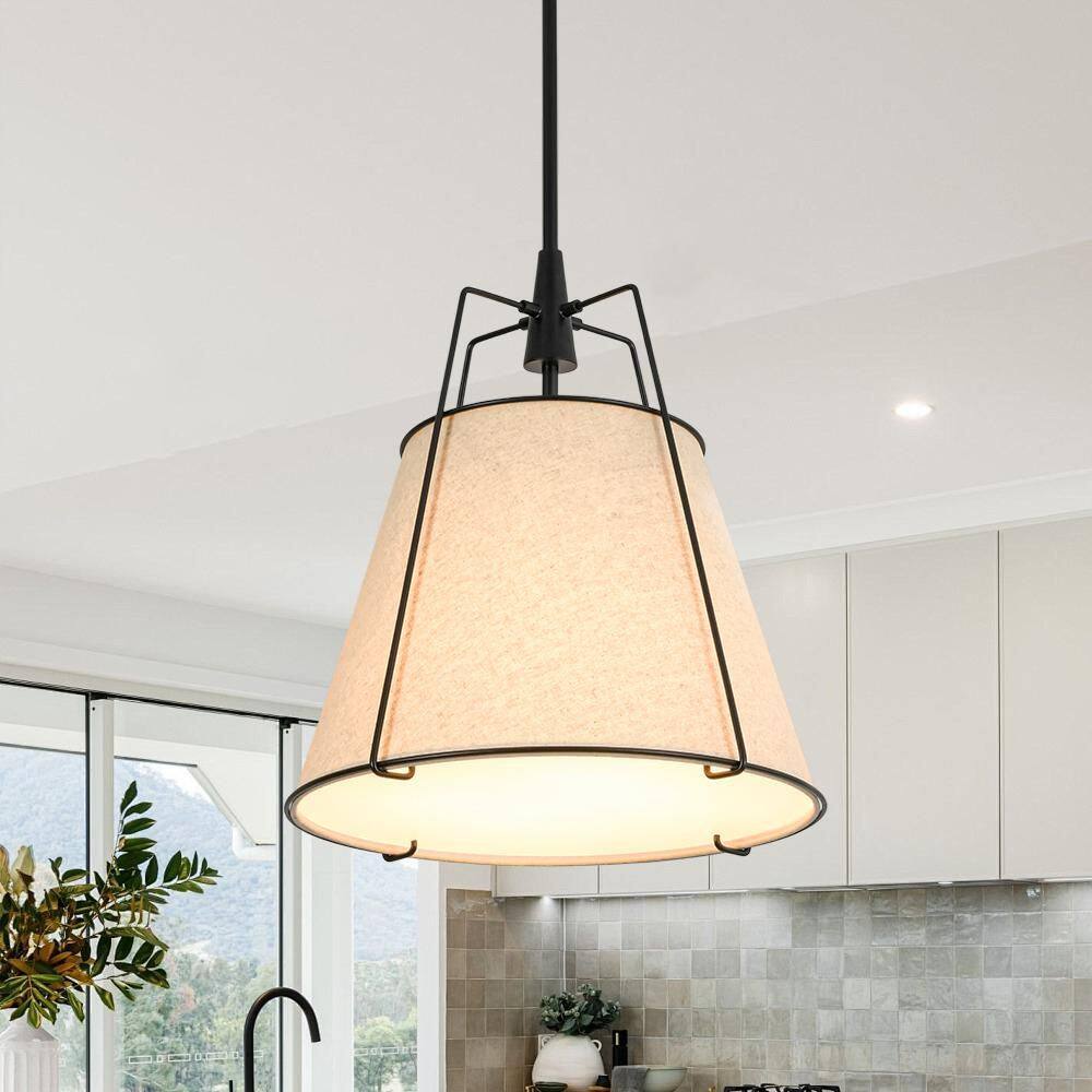 Haven Modern Farmhouse 15 in.W 4-Light Matte Black Frame Pendant Light with Beige Fabric Shade for Hallway or Kitchen price history on PriceWatchPro