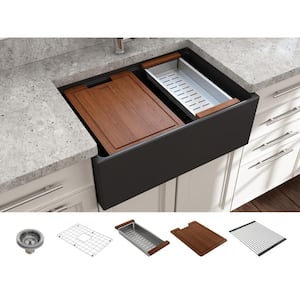 Contempo Workstation 27 in. Farmhouse Apron-Front Single Bowl Matte Dark Gray Fireclay Kitchen Sink with Accessories