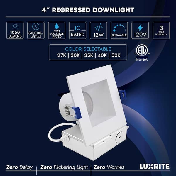 4 in.Square Integrated LED Recessed Light J-Box 12W 5CCT 1060LM Dimmable Canless Downlight Wet Rated IC Rated ETL 12Pack