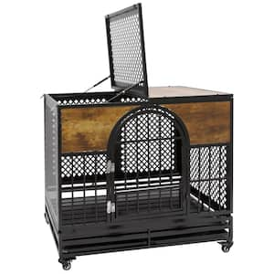 35 in. Heavy Duty Dog Crate Furniture with 360° Lockable Wheels Removable Tray Metal Dog Kennel Dog Cage in Brown