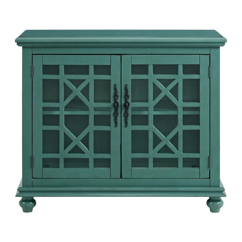 Parisian Antique Teal TV Stand with Trellis Glass Doors
