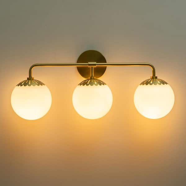 23.6 in. 3 Light Modern Brushed Gold Bathroom Vanity Light with Opal Glass Shade