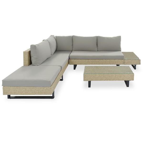 Utopia 4niture Adieson Beige 3-Piece Wicker Outdoor Sectional with 2 Glass Table and Light Gray Cushions