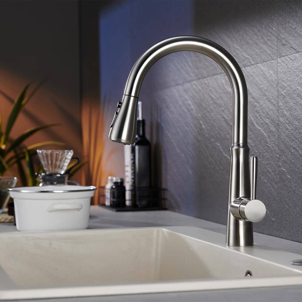 Brushed Nickel Stainless Steel High Arc Kitchen Faucet with Pull Down Sprayer