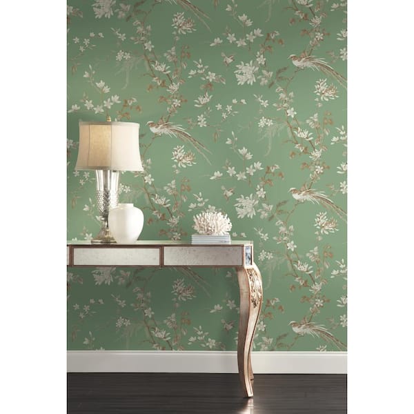 Ronald Redding Green Bird and Blossom Chinoserie Paper Unpasted Matte Wallpaper (27 in. x 27 ft.)