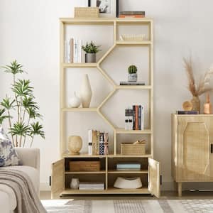 Rattan 7-Tiers Storage Rack Bookcases Cabinet Bookshelf with Adjustable Foot Pads for Living Room Home Office