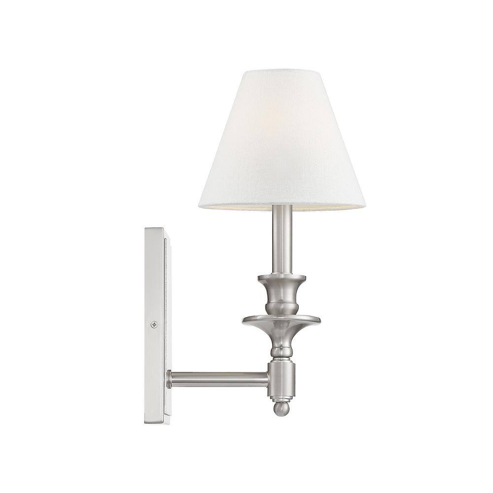Washburn Satin Nickel 1-Light Wall Sconce with White Linen Shade