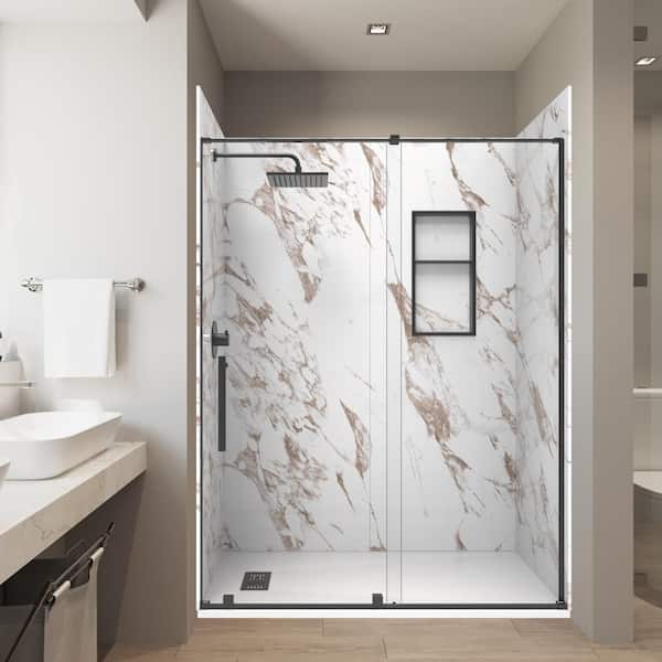 Caramel 32 in. x 60 in. x 84 in. Combo Solid Composite Stone Alcove Shower Kit Matching Black Matte Door, Niche & Drain