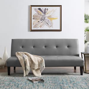 Gray Futon Sofa Bed, Faux Leather Futon Couch, Sofa Bed Couch Convertible with Wooden Legs, Button Tufted Futon Bed