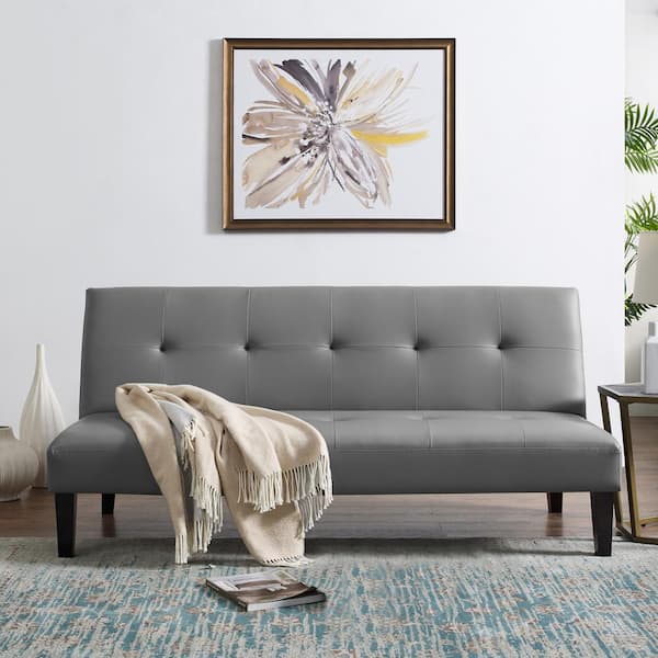 HOMESTOCK Gray Futon Sofa Bed, Faux Leather Futon Couch, Sofa Bed Couch Convertible with Wooden Legs, Button Tufted Futon Bed