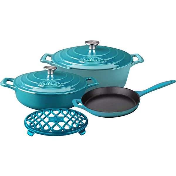 La Cuisine 6-Piece Enameled Cast Iron Cookware Set with Saute, Skillet and Oval Casserole with Trivet in High Gloss Teal