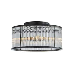 16 in. 4-Light Modern Glam Glass Drum Flush Mount Contemporary Ceiling Light in Matte Black for Living Room Bedroom