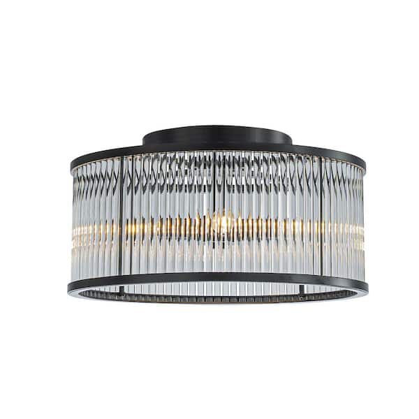 ALOA DECOR 16 in. 4-Light Modern Glam Glass Drum Flush Mount Contemporary Ceiling Light in Matte Black for Living Room Bedroom