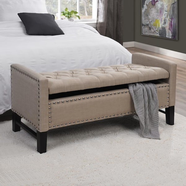 Inspired Home Emmaline Beige Linen Storage Bench Button Tufted Nailhead Trim Sb09 03be Hd The Home Depot