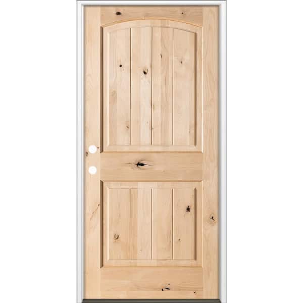 36 in. x 80 in. Rustic Knotty Alder Top Arch V-Groove Right-Hand/Inswing Unfinished Wood Prehung Front Door