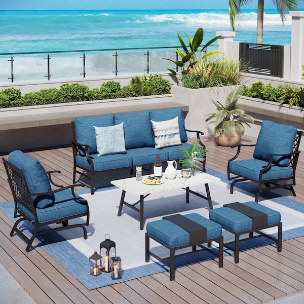 PHI VILLA Black Meshed 7-Seat 6-Piece Metal Outdoor Patio Conversation Set with Peacock Blue Cushion Table with Marble Pattern Top