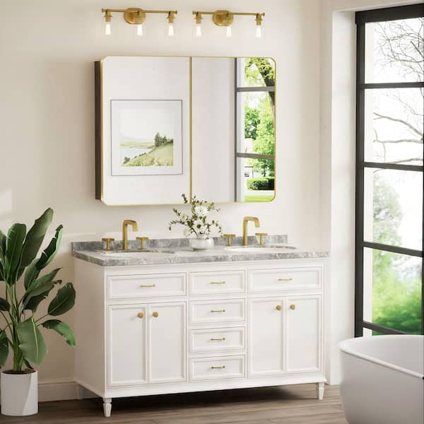 40 in. W x 32 in. H Rectangular Brass Gold Stainless Steels Framed Recessed/Surface Mount Medicine Cabinet with Mirror